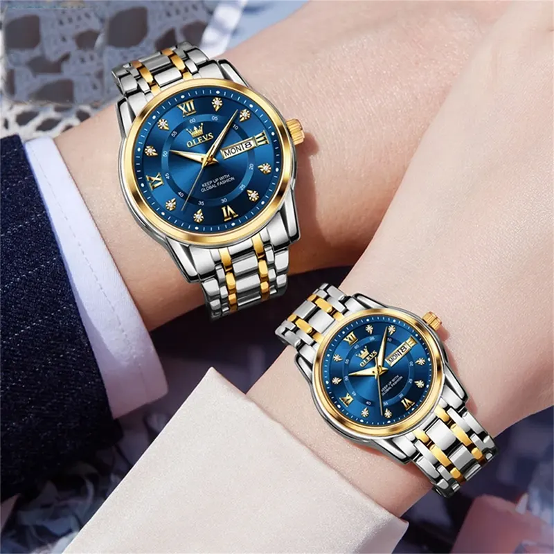 Olevs Black Blue Dial Two-tone Luminous Couple Watch- 2891